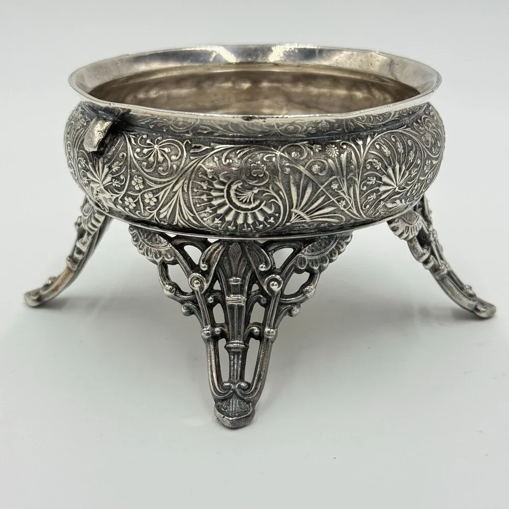 Antique Racine.SP. CO Silver Plate Salt Cellar Ornate Four Legs Rare 2.3”x 3.3”